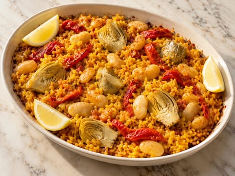 Paella vegetariana com alcachofras e feijão-manteiga Paella vegetariana com alcachofras e feijão-manteiga