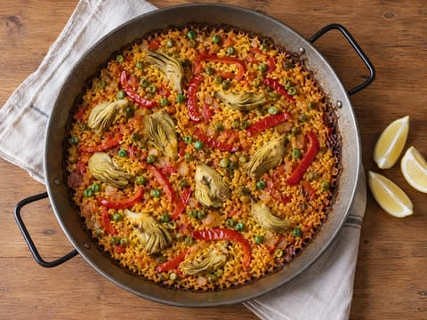 Vegetarisk paella med kronärtskockor och paprika