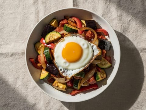 Vegetarisches Pisto mit Spiegelei (spanischer Gemüseeintopf)