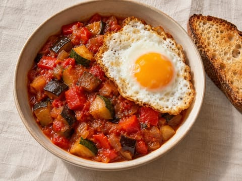 Vegetarian Pisto with Fried Egg (Spanish Vegetable Stew) Vegetarian Pisto with Fried Egg (Spanish Vegetable Stew)