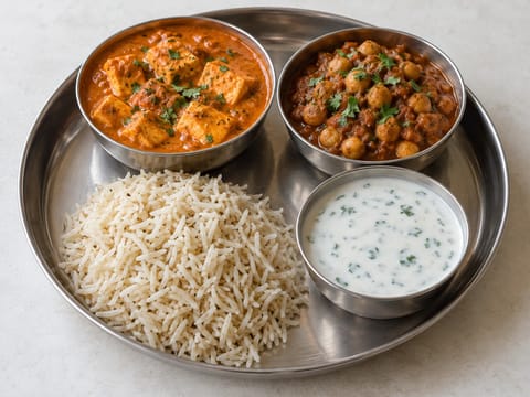 Festlig vegetarisk thali (indisk måltidsfad med karryretter, ris og raita) Festlig vegetarisk thali (indisk måltidsfad med karryretter, ris og raita)