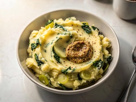 Vegetarische Stamppot (purée de pommes de terre néerlandaise au chou kale et poireaux)