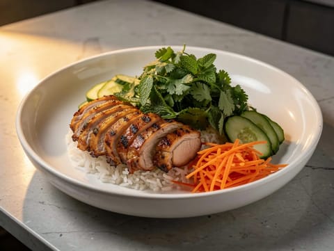 Bol vietnamita de pollo con hierbas y arroz jazmín Bol vietnamita de pollo con hierbas y arroz jazmín