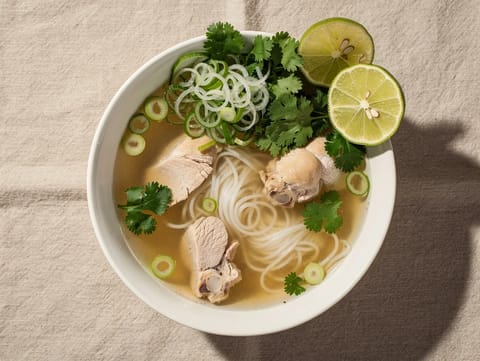 Soupe vietnamienne légère au poulet avec nouilles de riz