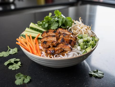 Vietnamská miska se satay kuřetem a rýžovými nudlemi Vietnamská miska se satay kuřetem a rýžovými nudlemi