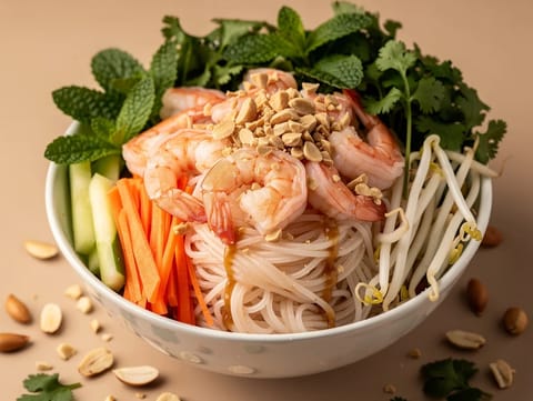 Vietnamesisk forårsrullebowl (vermicelli med rejer og nuoc cham)