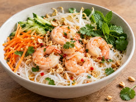 Vietnamesische Frühlingsrollen-Bowl (Vermicelli mit Garnelen und Nuoc Cham) Vietnamesische Frühlingsrollen-Bowl (Vermicelli mit Garnelen und Nuoc Cham)
