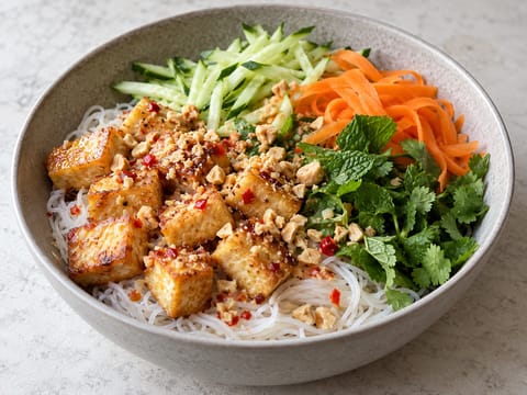Bol vietnamita de fideos vermicelli con tofu y hierbas frescas Bol vietnamita de fideos vermicelli con tofu y hierbas frescas