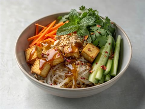 Bol vietnamien de vermicelles de riz au tofu et herbes fraîches Bol vietnamien de vermicelles de riz au tofu et herbes fraîches