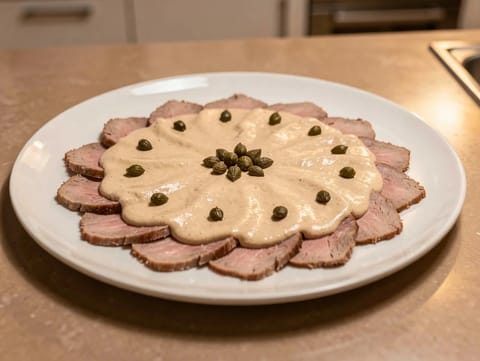 Vitello Tonnato (gekühltes Kalbfleisch mit Thunfisch-Kapern-Soße)