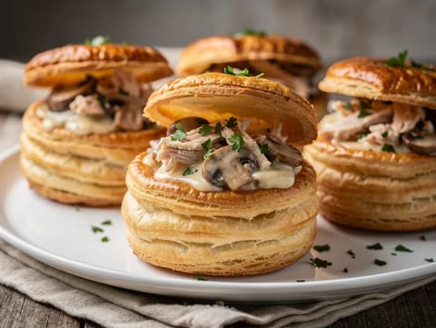 Vol-au-Vent (košíčky z listového těsta s kuřetem a houbami) Vol-au-Vent (košíčky z listového těsta s kuřetem a houbami)