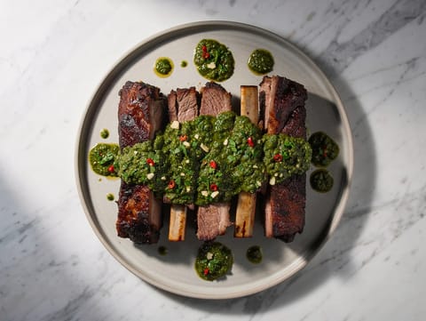 Im Ofen geröstete Rinder-Short Ribs mit Chimichurri (Asado) Im Ofen geröstete Rinder-Short Ribs mit Chimichurri (Asado)