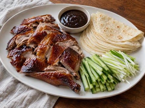 Pekingi stílusú sült kacsa palacsintával, uborkával és hoisin szósszal