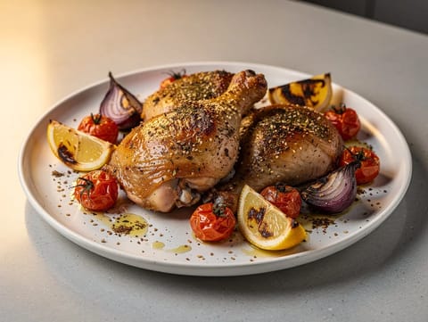 Zaatar-kylling i ovn med citron, løg og tomater