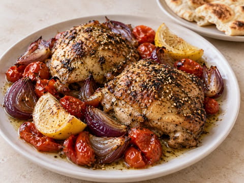 Pollo al zaatar al horno en bandeja con limón y tomate Pollo al zaatar al horno en bandeja con limón y tomate