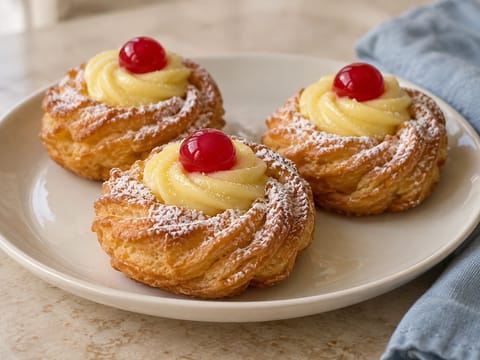 Zeppole di San Giuseppe (argolas de massa choux fritas com creme pasteleiro) Zeppole di San Giuseppe (argolas de massa choux fritas com creme pasteleiro)