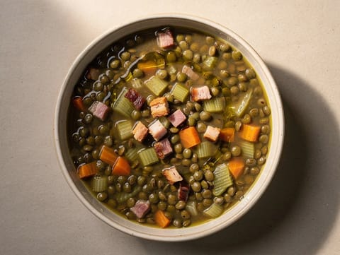 Zuppa di Lenticchie con Pancetta (Sopa italiana de lentejas con panceta)