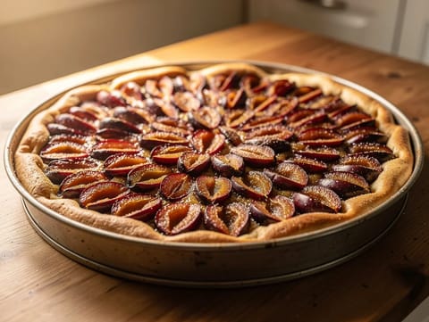 Zwetschgenkuchen (bolo alemão de ameixa com base de massa levedada) Zwetschgenkuchen (bolo alemão de ameixa com base de massa levedada)