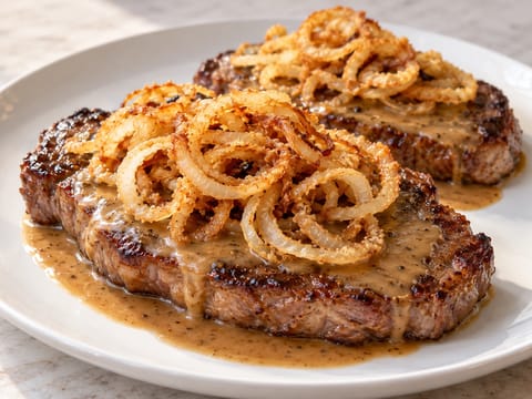 Zwiebelrostbraten (pannestekt biff med sprø løk) Zwiebelrostbraten (pannestekt biff med sprø løk)