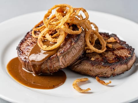 Zwiebelrostbraten (filete a la sartén con cebollas crujientes) Zwiebelrostbraten (filete a la sartén con cebollas crujientes)