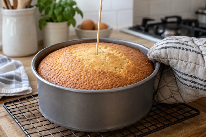 En sockerkaka kontrolleras i mitten med en tunn provsticka.