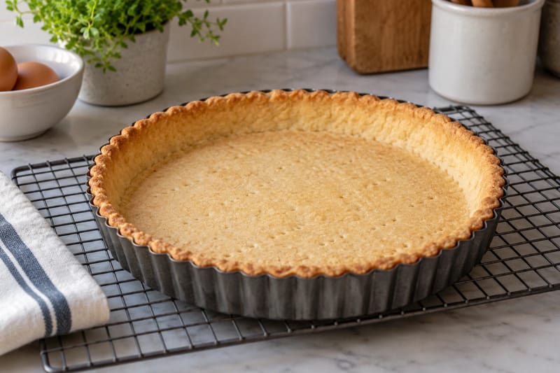 Un fond de tarte vide, cuit jusqu’à obtenir une base sèche et dorée.