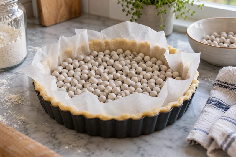 Un fond de tarte couvert de papier cuisson et rempli de poids de cuisson. Un fond de tarte couvert de papier cuisson et rempli de poids de cuisson.