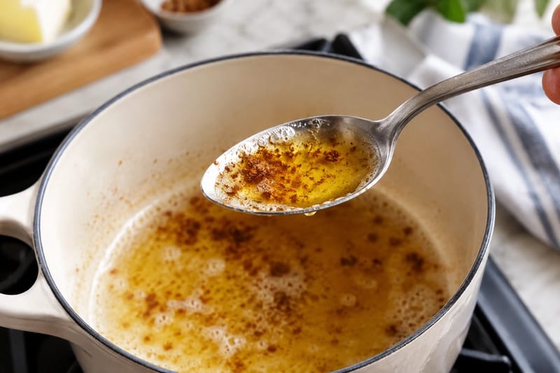 Gyldenbrunt smør med ristede mælkepartikler, som ses på en ske. Gyldenbrunt smør med ristede mælkepartikler, som ses på en ske.