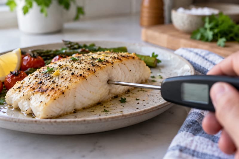Un termometro da cucina inserito lateralmente nella parte più spessa di un filetto di pesce. Un termometro da cucina inserito lateralmente nella parte più spessa di un filetto di pesce.