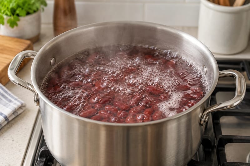 Udblødte kidneybønner i kraftigt kogende, frisk vand. Udblødte kidneybønner i kraftigt kogende, frisk vand.
