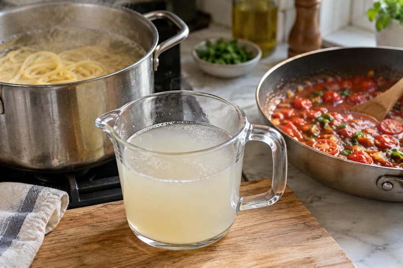 Stivelsesholdigt pastavand gemt i en varmebestandig kande, før pastaen hældes fra.
