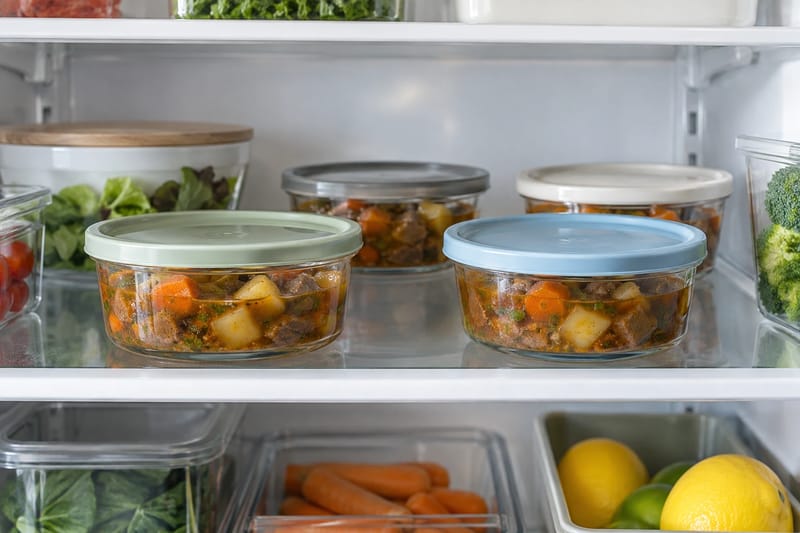 Leftovers divided into shallow containers with space for cold air to circulate. Leftovers divided into shallow containers with space for cold air to circulate.