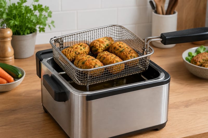 En liten omgång kroketter rinner av i korgen till en elektrisk fritös. En liten omgång kroketter rinner av i korgen till en elektrisk fritös.
