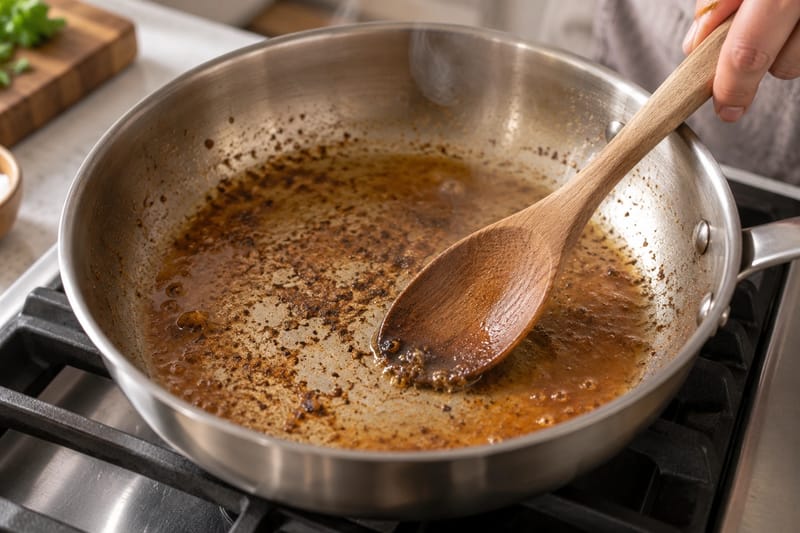 Een houten lepel maakt bruin aanbaksel in een pan los met wat bouillon. Een houten lepel maakt bruin aanbaksel in een pan los met wat bouillon.