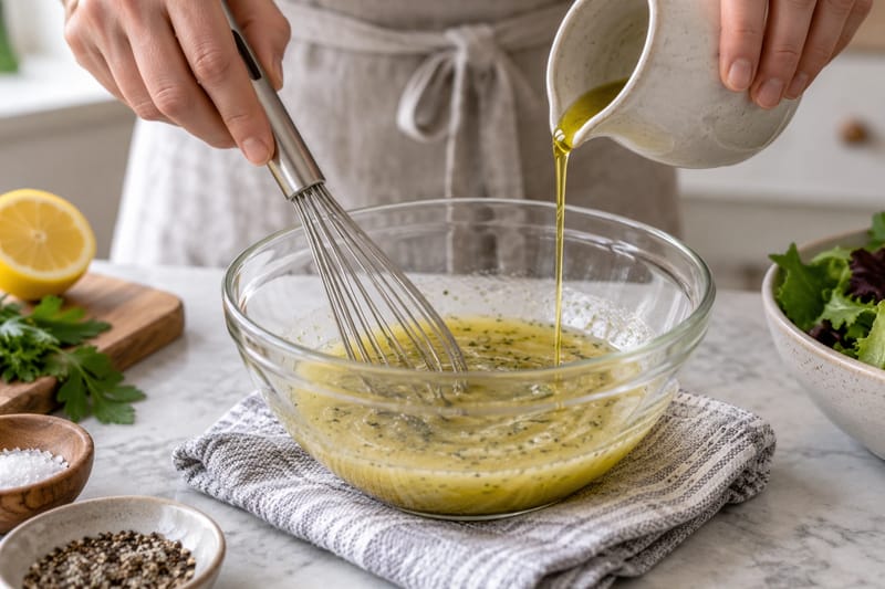 Olie wordt geleidelijk toegevoegd terwijl de vinaigrette wordt geklopt.