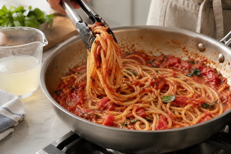 Pasta vendes i saucen med lidt gemt kogevand.