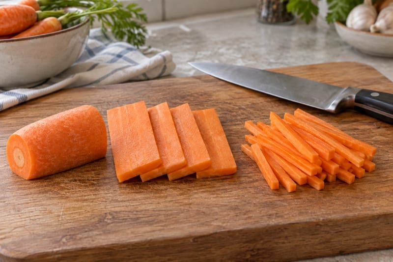 Carota tagliata a fettine piatte e poi a bastoncini sottili. Carota tagliata a fettine piatte e poi a bastoncini sottili.