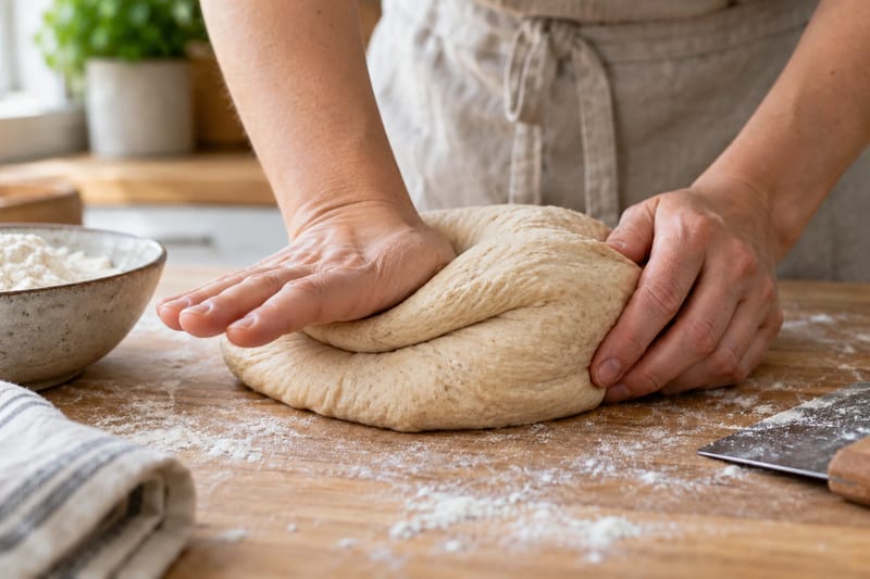 De hiel van een hand duwt gevouwen brooddeeg naar voren. De hiel van een hand duwt gevouwen brooddeeg naar voren.