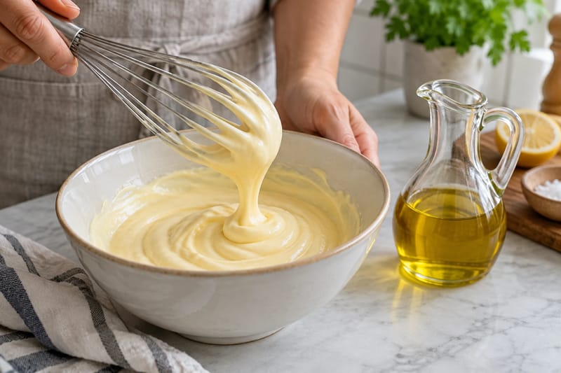Smooth mayonnaise holding soft ridges around a whisk. Smooth mayonnaise holding soft ridges around a whisk.