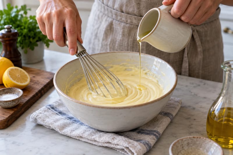 A thin stream of oil added while whisking mayonnaise in a bowl steadied on a cloth.