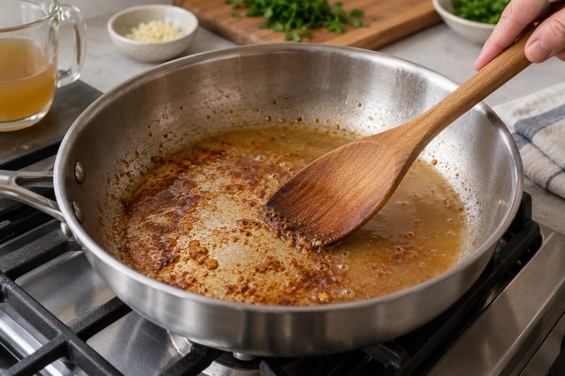Bruine bakresten worden losgeroerd in bouillon als basis voor een pansaus.