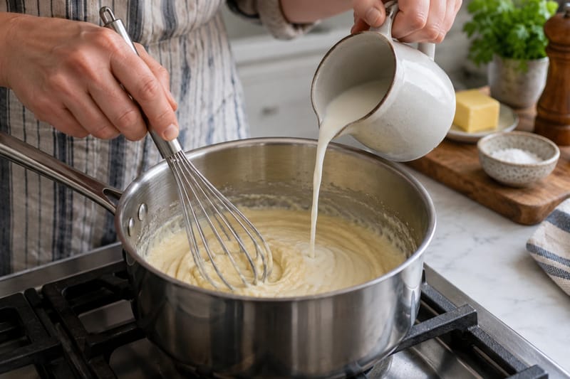 Milk added in a small stream while a whisk loosens pale roux.