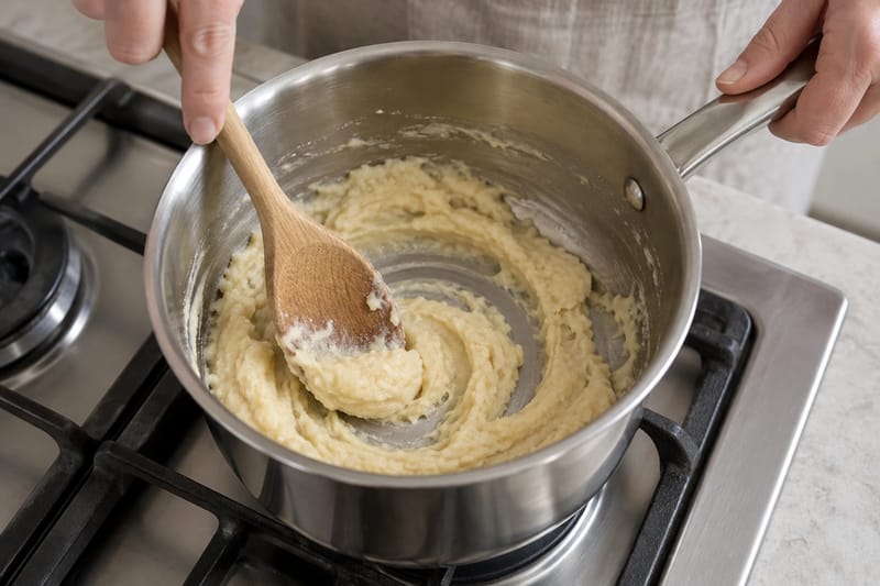 Hands stirring a pale, thick roux with a wooden spoon in a saucepan.
