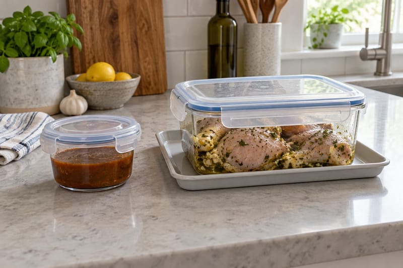 A clean portion of marinade kept separate from raw marinating chicken.