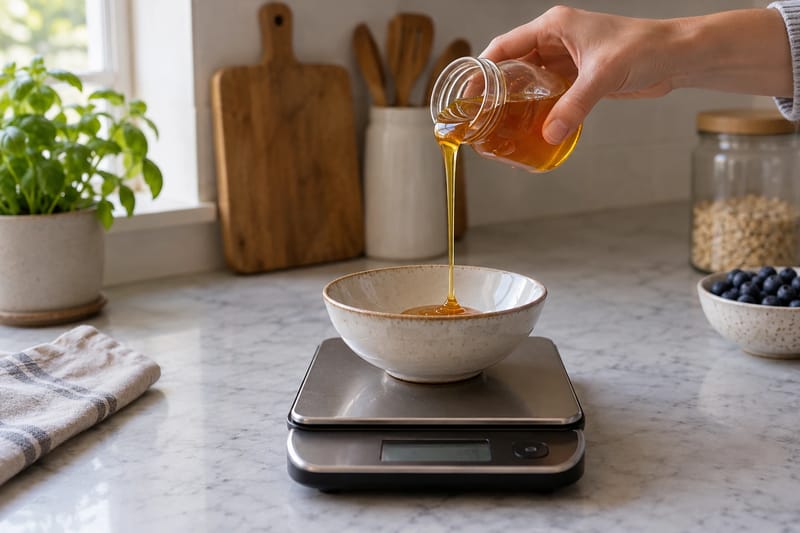 Miele versato direttamente in una ciotola su una bilancia da cucina. Miele versato direttamente in una ciotola su una bilancia da cucina.