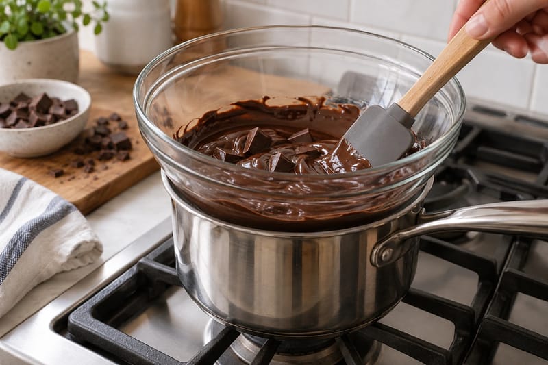 Chocolade wordt rustig geroerd terwijl de laatste kleine stukjes smelten. Chocolade wordt rustig geroerd terwijl de laatste kleine stukjes smelten.