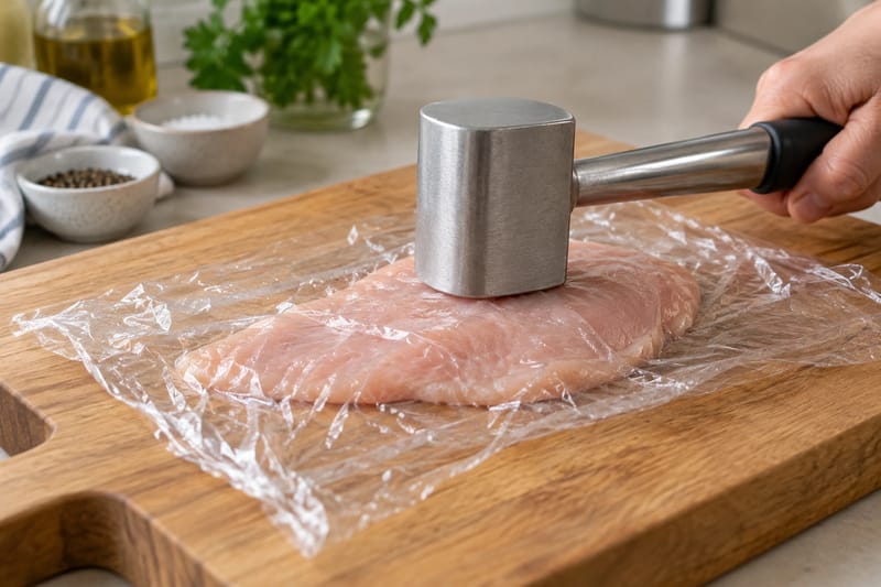 A covered boneless cutlet being flattened with the flat side of a mallet. A covered boneless cutlet being flattened with the flat side of a mallet.