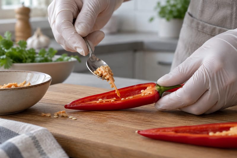 Hænder med handsker fjerner den indre hinde fra en halveret chili. Hænder med handsker fjerner den indre hinde fra en halveret chili.