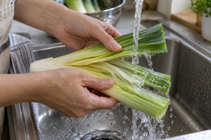 Leek layers spread apart for rinsing under running water.