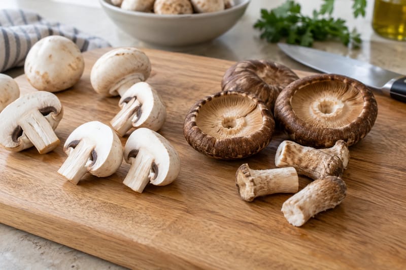Champiñones con los pies recortados y sombreros de shiitake sin los pies duros. Champiñones con los pies recortados y sombreros de shiitake sin los pies duros.